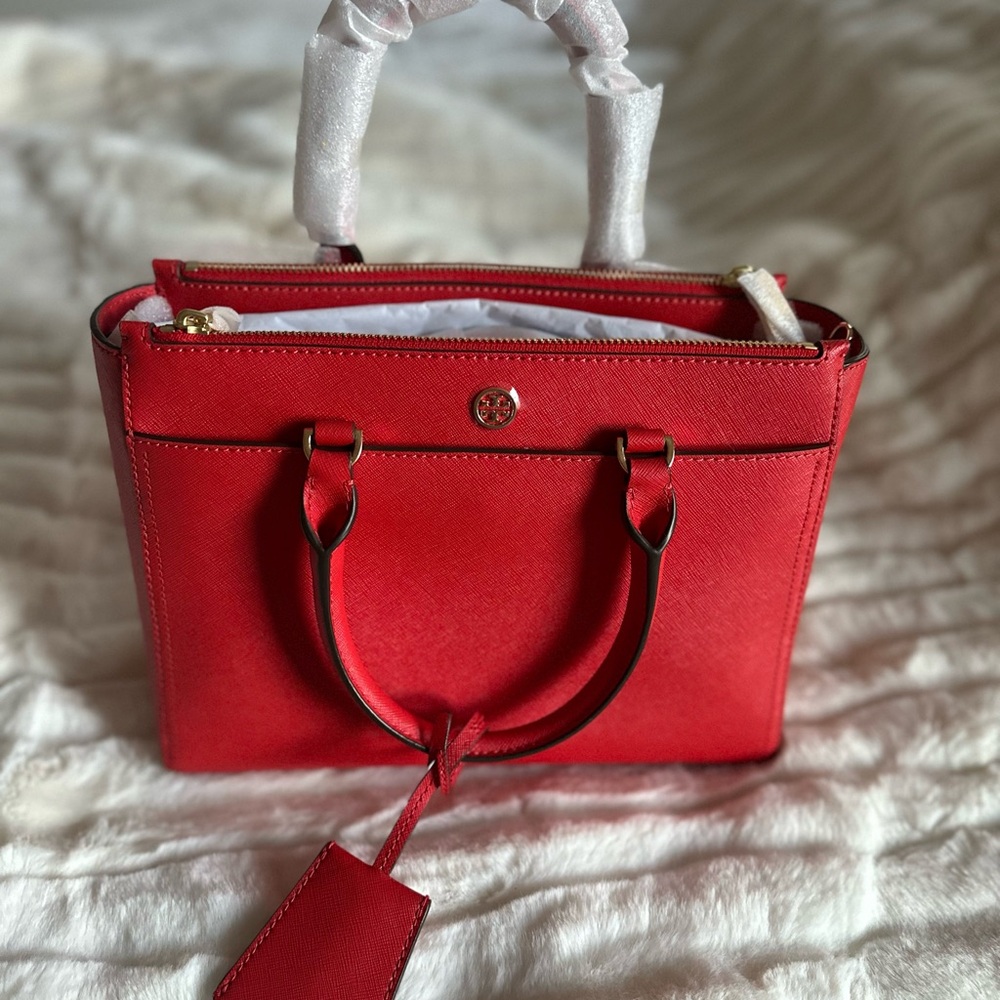 - Tory Burch Robinson Sm Double Zip Tote Satchel Crossbody Bag Poppy Orang…